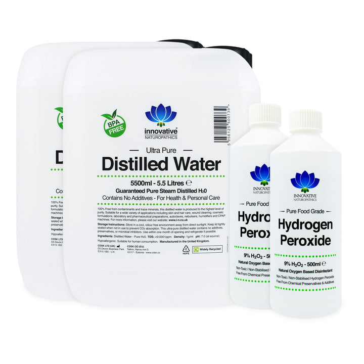 9% Hydrogen Peroxide - 1 Litre (2 x 500ml) & Distilled Water - 11 Litres (2 x 5.5 Litres)